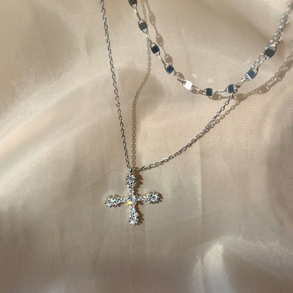 #NEW 925 Sterling Silver Diamond Cross Double Layer Necklace - Picture 3 of 9